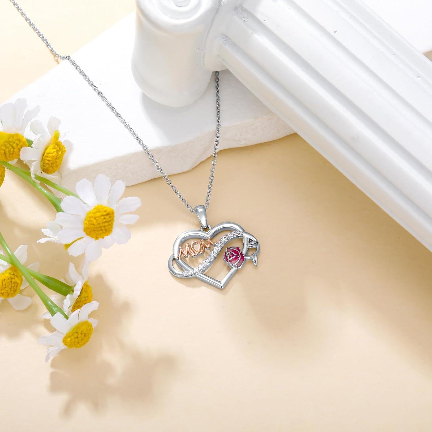 wholesale 925 Sterling Silver Pink Rose Heart Sunflower Pendant Necklace for Mom-0-3