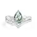 TOUPOP 10k 14k 18k Gold Moss Agate Moissanite Pear Bridal Wedding Ring Set-0-1