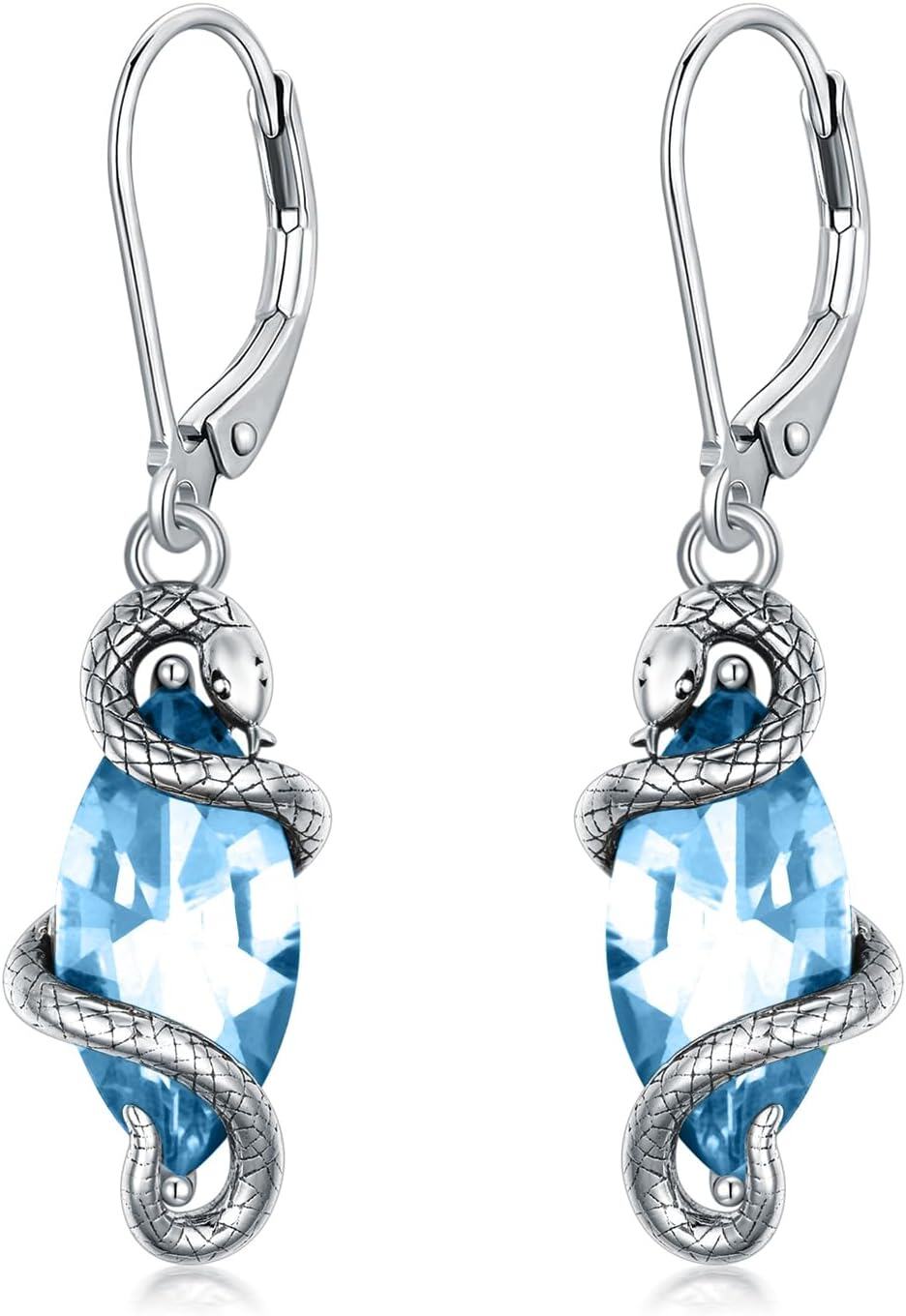 Sterling Silver Crystal Vintage Snake Dangle Drop Leverback Earrings for Women-Aqua Blue