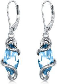 wholesale Sterling Silver Crystal Vintage Snake Dangle Drop Leverback Earrings for Women-Aqua Blue