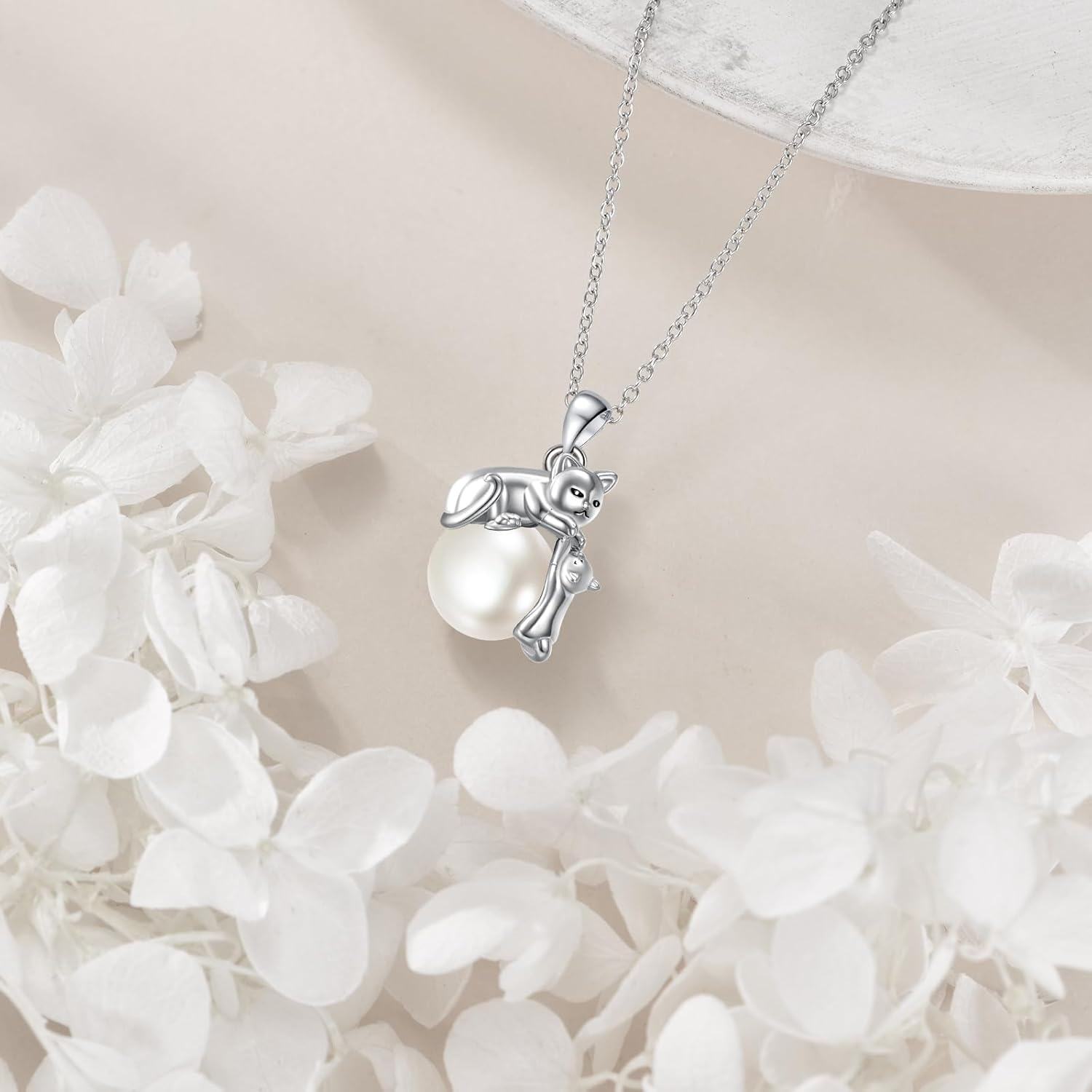 wholesale 925 Sterling Silver Pearl Cat Charm Pendant Necklace s for Women-0-1