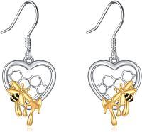 wholesale 925 Sterling Silver Honeycomb Heart with Gold Bees Drop Earrings - Gifts for Her-Bee
