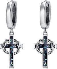 wholesale 925 Sterling Silver Cross & Crown Of Thorns Huggie Hoop Earrings For Men/Women-Abalone