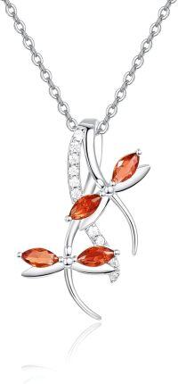 wholesale 925 Sterling Silver Orange Crystal Dragonfly Pendant with Cubic Zirconia Accents and Extender Chain - 36 Total Length-Red-Garnet