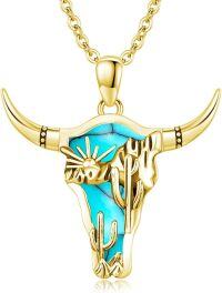 wholesale Sterling Silver Turquoise Cow Skull Necklace Western Cowgirl Jewelry-Gold Turquoise