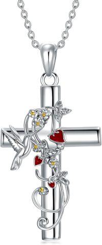 wholesale 925 Sterling Silver Hummingbird and Heart Pendant Necklace on 3mm Cable Chain (Length: Adjustable from 46cm to 71cm)-Hummingbird Cross