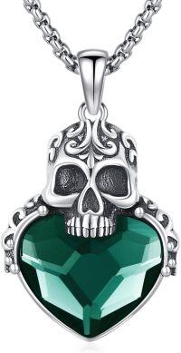 wholesale 925 Sterling Silver Green Heart Pirate Skull Pendant Gothic Necklace for Women and Men-Skull Necklace - Green Crystal