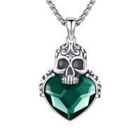 wholesale 925 Sterling Silver Green Heart Pirate Skull Pendant Gothic Necklace for Women and Men-Skull Necklace - Green Crystal
