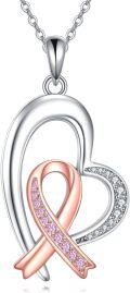 wholesale 925 Sterling Silver Pink Ribbon Breast Cancer Awareness Heart Pendant Necklace for Women-0-0