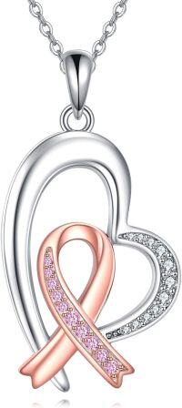 wholesale 925 Sterling Silver Pink Ribbon Breast Cancer Awareness Heart Pendant Necklace for Women-Cancer Heart Necklace