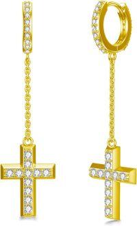 wholesale Gold 925 Sterling Silver CZ Cross Drop Earrings for Women and Men 23x48mm-Gold