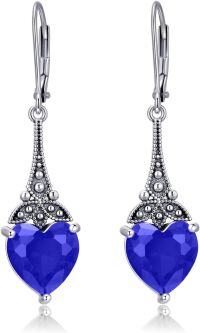 wholesale Sterling Silver 10mm Heart Crystal Leverback Vintage Drop Dangle Earrings-Sapphire Blue