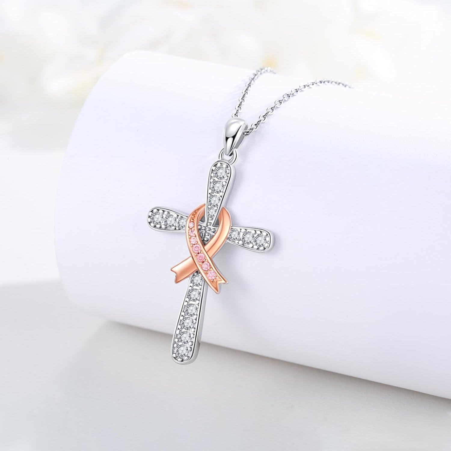 Sterling Silver Stone Breast Cancer Awareness Necklace Cross Dragonfly Pendant for Survivors-0-2