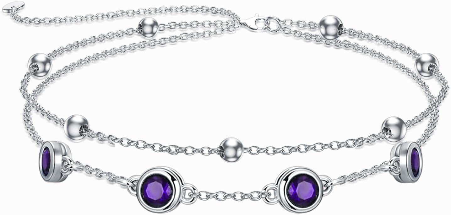 Sterling Silver Birthstone Anklet Bracelets for Women Gifts-02-Amethyst Bracelet 7\"-9\"