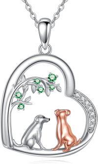 wholesale 925 Sterling Silver Love Dogs in Heart Pendant Necklace with Green Stones and Rose Gold Accents-Dog Necklace
