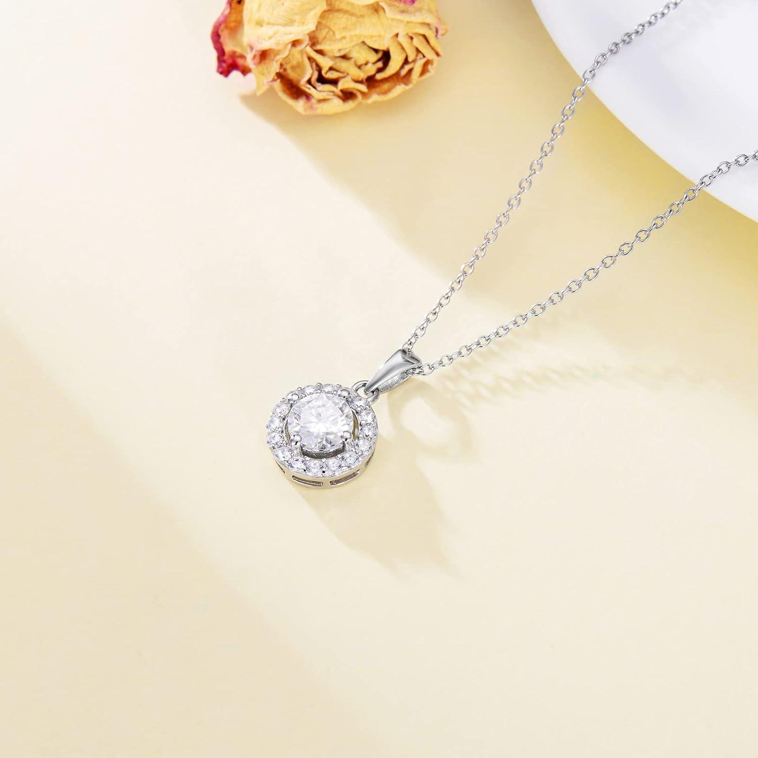 18K White Gold Plated Silver Moissanite 1ct D Color Round Halo Pendant Necklace 18+2 -0-2