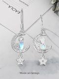 wholesale 925 Sterling Silver Cat in the Moon with Star Charm Dangle Earrings-0-3