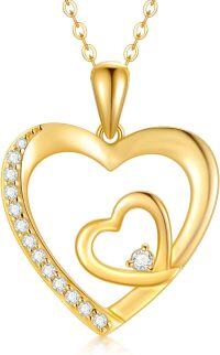 wholesale 14K Gold Diamond Double Heart Pendant Necklaces Gifts for Women-Yellow Gold