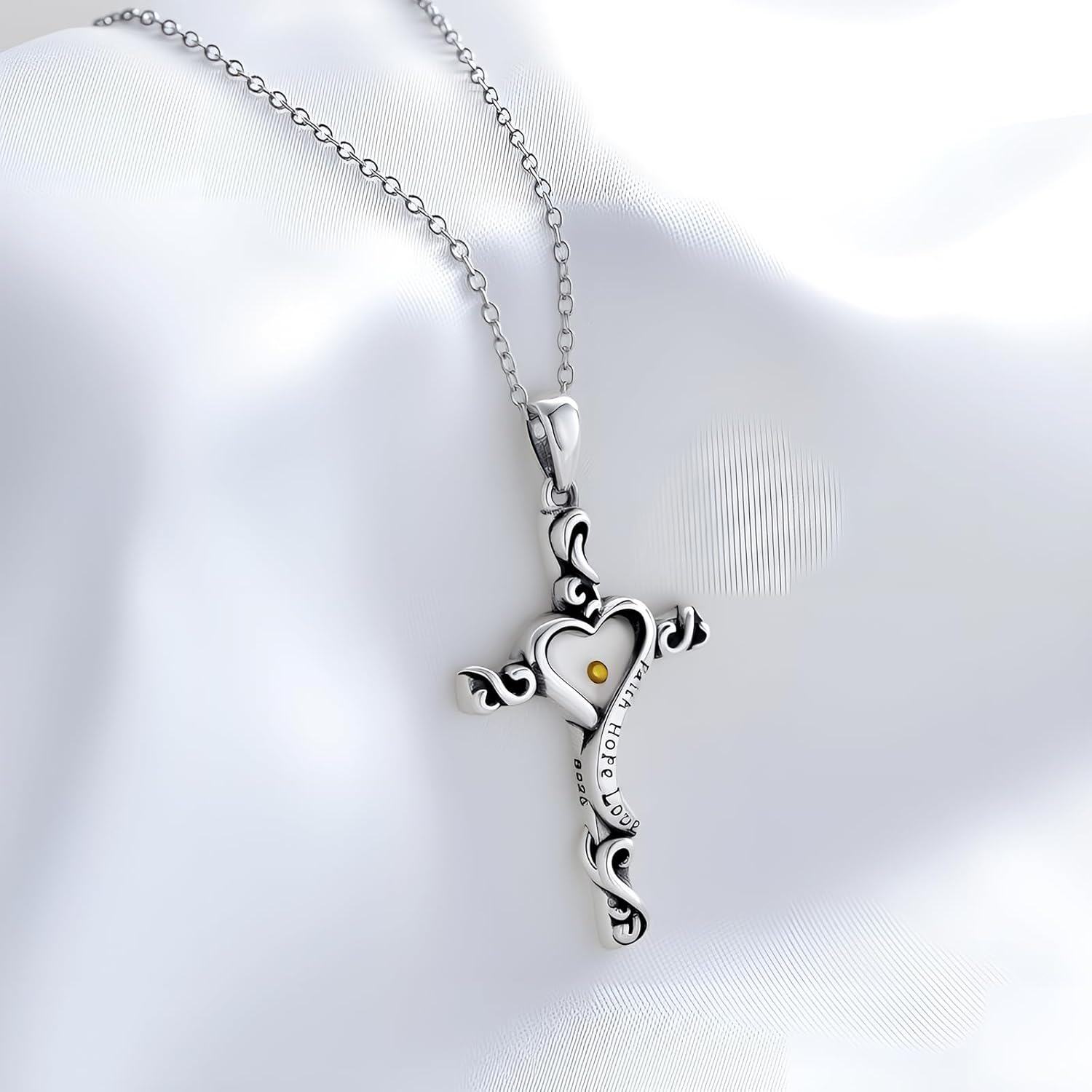 925 Sterling Silver Heart-Shaped Mustard Seed Cross Pendant Necklace with Faith Hope Love Inscription - Christian Faith  for Women and Moms-0-3