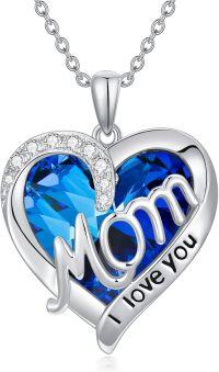 wholesale 14K Gold-Plated Sterling Silver & Crystal Heart Necklace for Mom, Birthstone Gift, I Love You Mom Jewelry, 0.83 Pendant-09-September - Blue