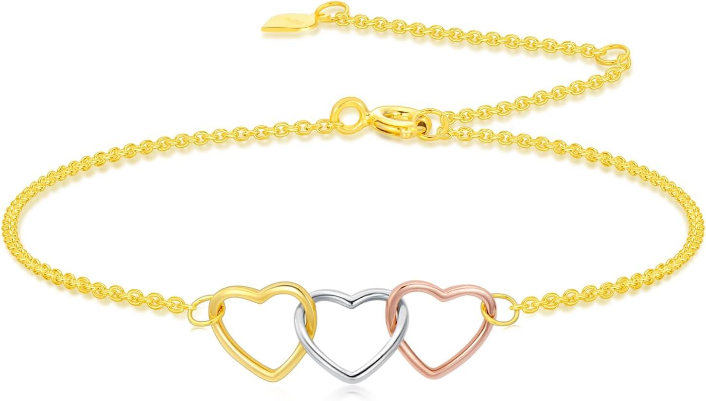 14K Gold Solid 3 Interlocking Heart Circle Bracelet Infinity Love Jewelry Gift for Women-0-0
