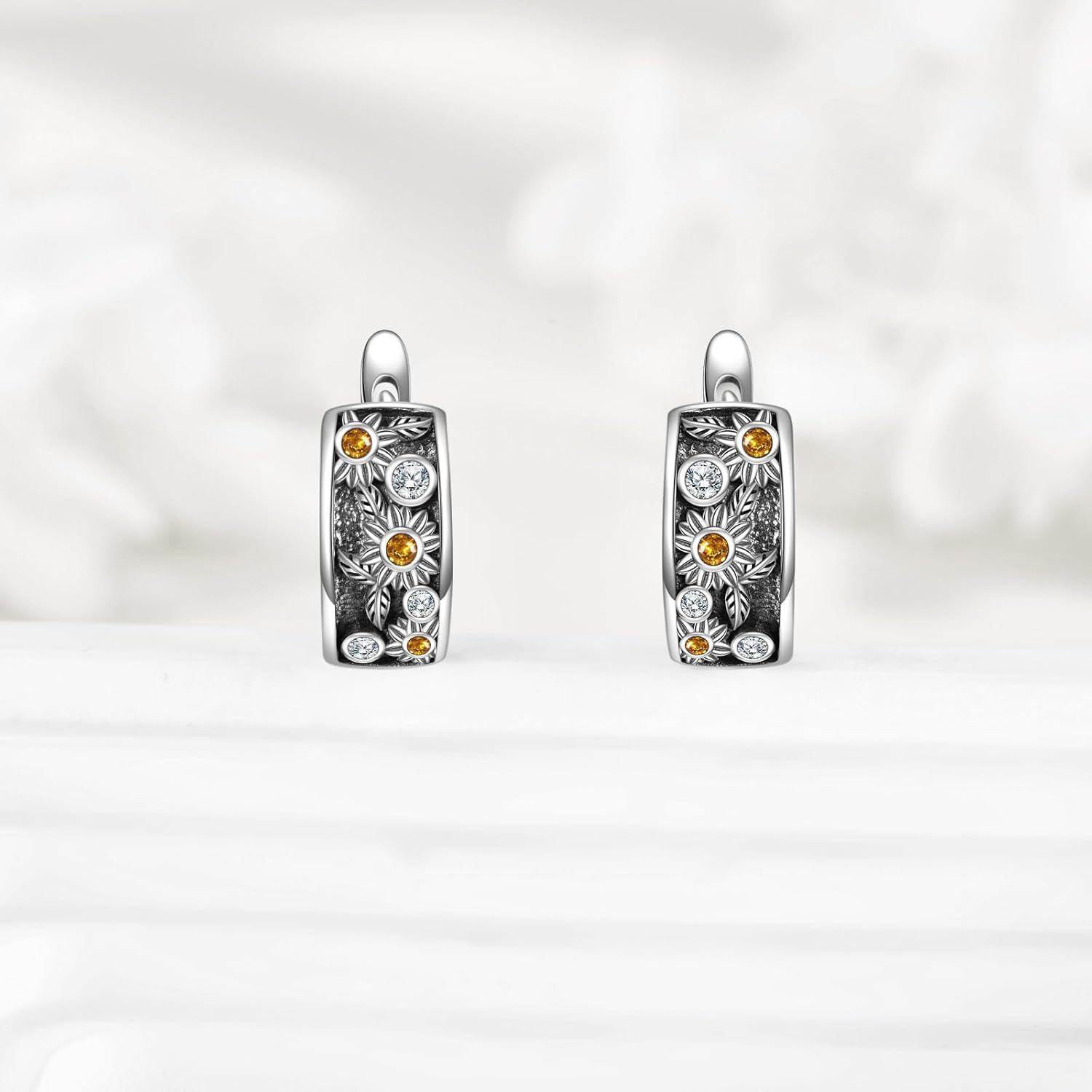 925 Sterling Silver Metal Stone Flower Hoop Earrings with Citrine and CZ Stones - Elegant Floral  for Women-0-1