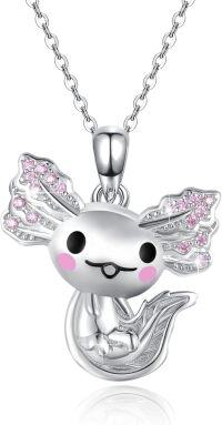 wholesale 925 Sterling Silver Angel Fish Charm Necklace with Pink Crystal Wings Pendant Jewelry for Women Girls Gifts-A-Silver Axolotl