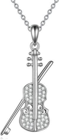 wholesale 925 Sterling Silver Violin & Bow Charm Pendant Necklace for Women Girls -cz violin necklace