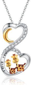 wholesale 925 Sterling Silver 925 Heart-Shaped Giraffe Pendant Necklace w/ I Love You & CZs - Gift for Her-0-0