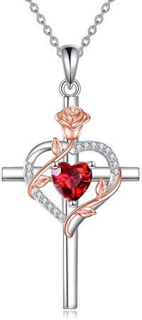 wholesale Sterling Silver Birthstones Rose Cross Heart Crucifix Pendant Necklace for Women-01-Jan-Garnet