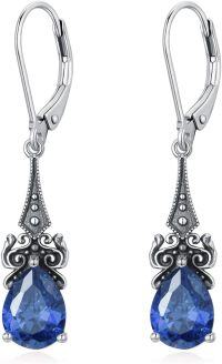 wholesale Sterling Silver 10mm Teardrop 12 Months Birthstone Dangle Drop Earrings-09-Sapphire-Blue