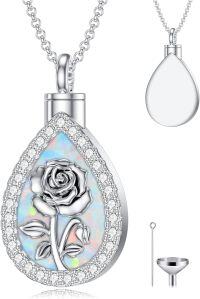 wholesale Sterling Silver Opal Birth Flower Urn Necklace for Ashes 12 Month Memorial Jewelry-06-June-Rose-06-June-Rose+Text