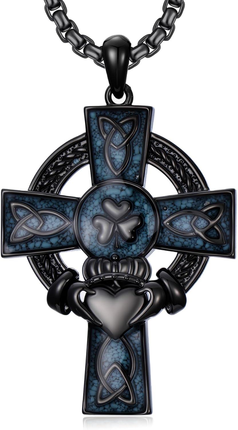 925 Sterling Silver Celtic Knot Trinity Shamrock Cross Pendant Necklace for Men & Women - Protection Amulet Religious Jewelry w/ 24 Rolo Chain (Gift Box Included)-0-0