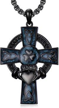 wholesale Sterling Silver Cross Pendant Necklace for Men Women Protection Amulet Religious Gift with 22 +2 Rolo Chain (with Gift)-A-Claddagh Cross(Turquoise)