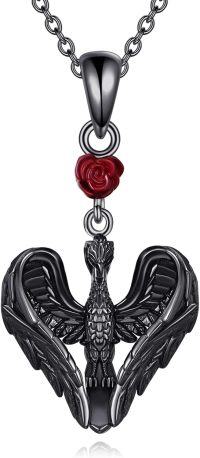 wholesale Black  Angel Wings Pendant with Red Rose Charm Gothic Jewelry for Women-Punk Phoenix