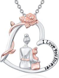 wholesale 925 Sterling Silver Rose Heart Mother Daughter Necklace - 0.78x0.87 Inch, 18+2 Inch Adjustable, Gift for Mom (60 characters)-Mom&1 Daughter