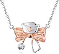 wholesale Sterling Silver 12 Birthstones Doctor Nurse Necklace Stethoscope Rib Cage Pendant Medical Skull Jewelry for Women-02-01-Stethoscope Bow Necklace