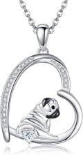 wholesale 925 Sterling Silver Heart-Shaped Pug Pendant Necklace with Cubic Zirconia Gifts for Dog Lovers-0-0