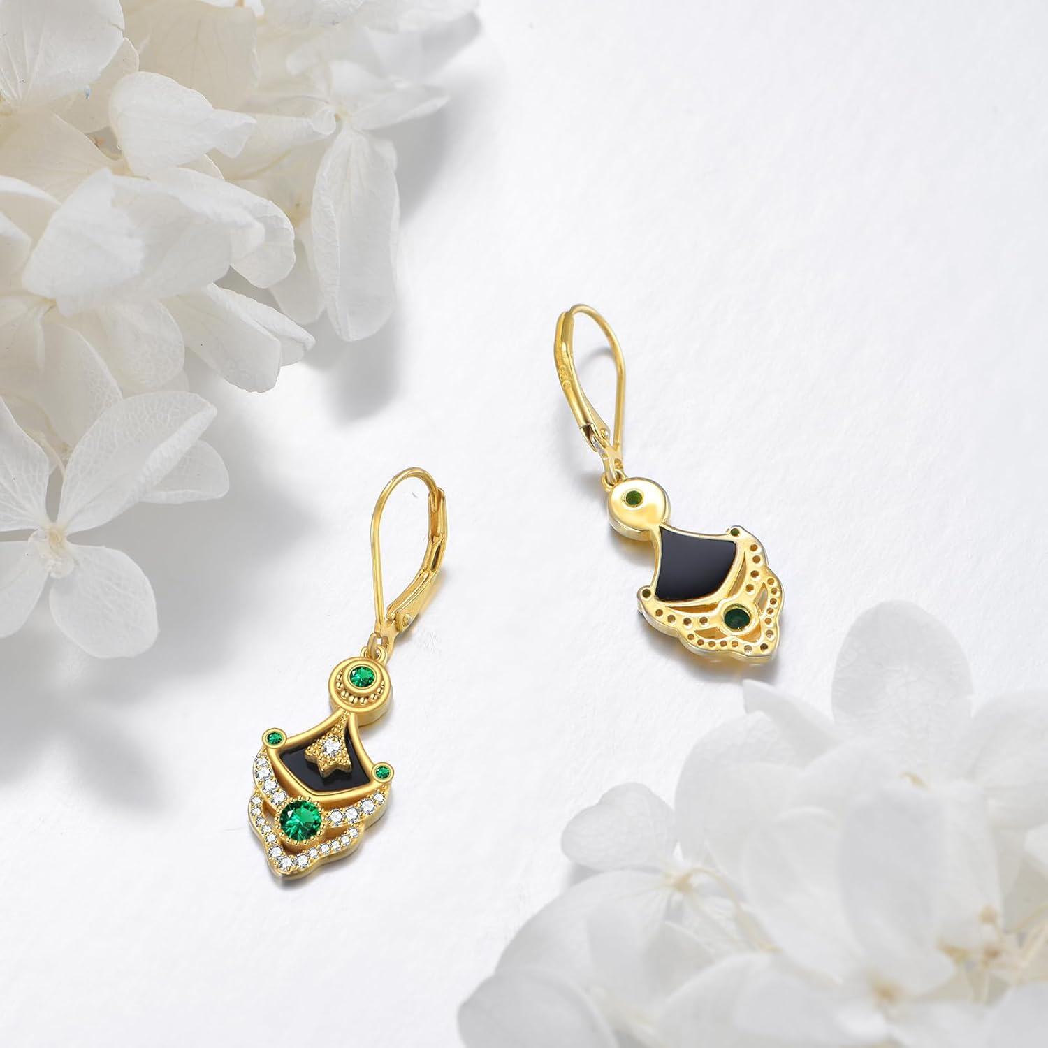wholesale 925 Sterling Silver Green Crystal Black Enamel Geometric Drop Earrings for Women Girls-0-4