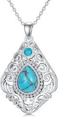 wholesale 925 Sterling Silver Teardrop Natural Turquoise Filigree Pendant Necklace 24 Chain-0-0