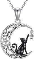 wholesale 925 Sterling Silver Crescent Moon with Black Cat and Pentagram Necklace-0-0