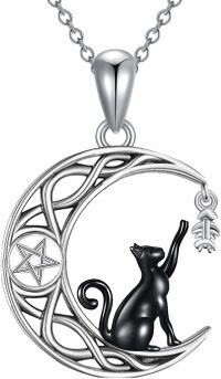 wholesale 925 Sterling Silver Crescent Moon with Black Cat and Pentagram Necklace-Black cat fish