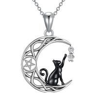 wholesale 925 Sterling Silver Cat Moon Pendant Necklace-Black cat fish