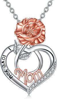 wholesale 925 Sterling Silver Rose Heart Pendant I Love You Mom Necklace Fashion  for Mother's Day-08-August-Poppy