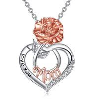 wholesale 925 Sterling Silver Rose Heart Pendant I Love You Mom Necklace Fashion  for Mother's Day-08-August-Poppy