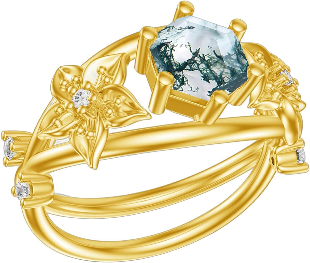 18K Gold Plated Sterling Silver 1ct Natural Moss Agate Hexagon Ring-8 Yellow gold