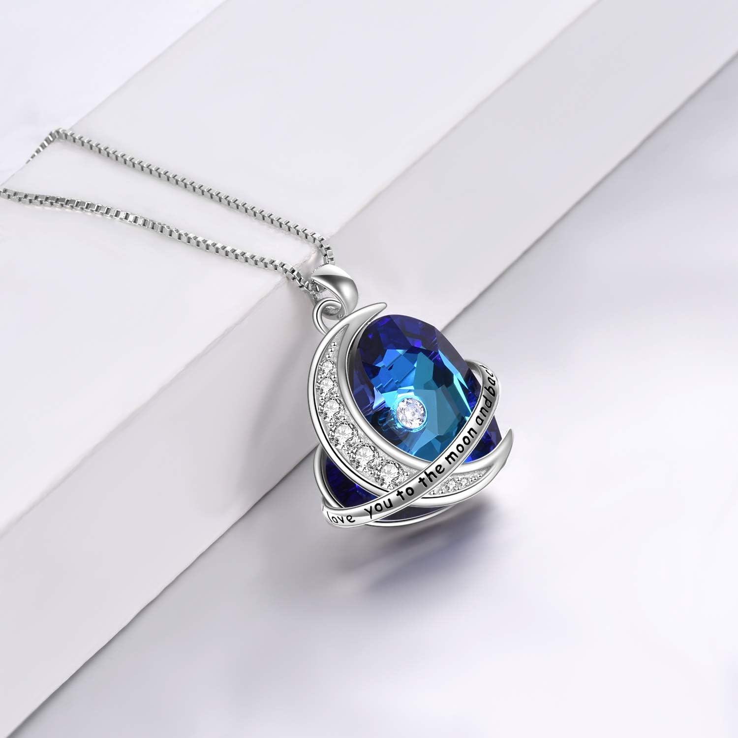 Sterling Silver Blue Crystal Heart Pendant Necklace for Wife Girlfriend-0-4