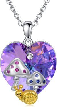 wholesale 925 Sterling Silver Purple Crystal Heart-Shaped Mushroom & Gold Snail Pendant Necklace Gift for Her-Style 3-heart crystal