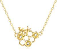 wholesale 14K Gold Honeycomb Bee Charm Necklace with Cubic Zirconia and Adjustable Length (18-20)-14K Gold-Honeybee Necklace