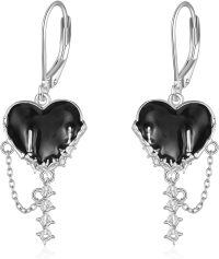 wholesale 925 Sterling Silver Gothic Heart Sword Drop Earrings with Black Stone and Spikes-A-Witches Heart-3